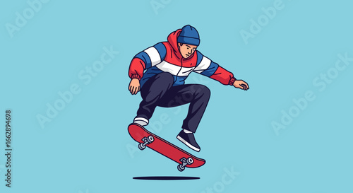 Dynamic illustration of a young man in stylish sportswear performing a skateboard trick, captured mid-air against