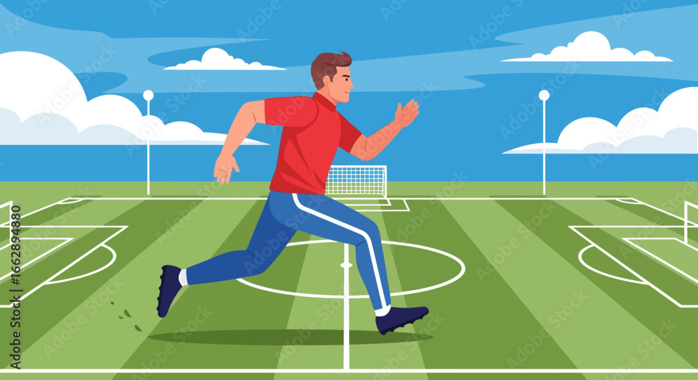Fototapeta premium Soccer player in red shirt and blue pants running on a green field with goal under a blue sky with clouds, dynamic