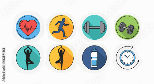 Set of flat icons representing healthy lifestyle, fitness, and wellness activities such as running, yoga,