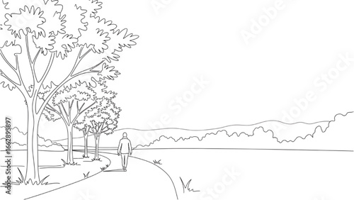 Park Scene Line Art | Minimal Vector Illustration of Walking Person & Trees