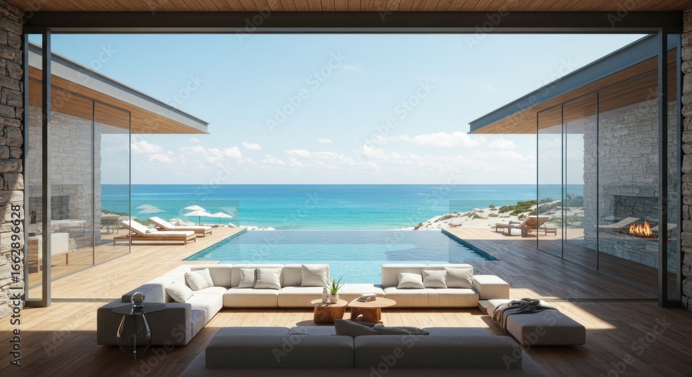 Fototapeta premium Modern coastal home with expansive ocean views and a luxurious pool area.