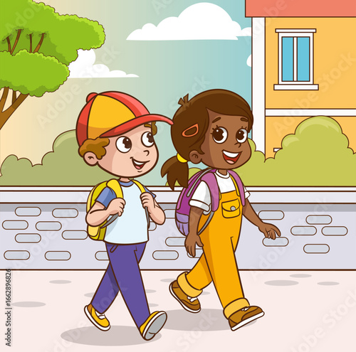 Happy and diverse school children with backpacks, excited kids ready to go to school, cheerful children returning home from school, illustration of primary school students