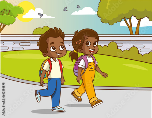 Happy and diverse school children with backpacks, excited kids ready to go to school, cheerful children returning home from school, illustration of primary school students