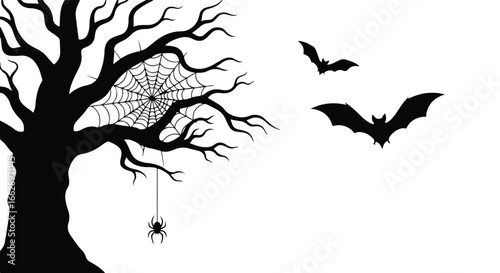 Spooky halloween night with silhouetted haunted tree and flying bats