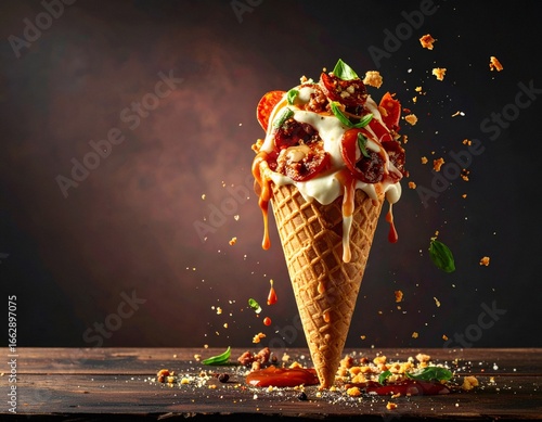 Creative pizza cone with melted cheese, pepperoni and basil.