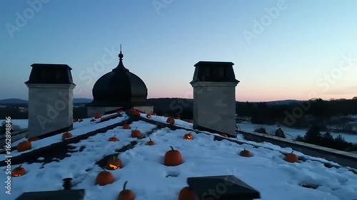 Winter rooftop decorated with pumpkins