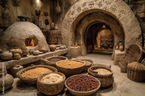 Ancient Mesopotamian kitchen with clay ovens and grinding stones