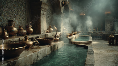 Ancient Roman bathhouse interior with marble basins