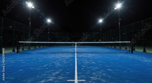 Night-time view of an illuminated paddle tennis court, ready for play.