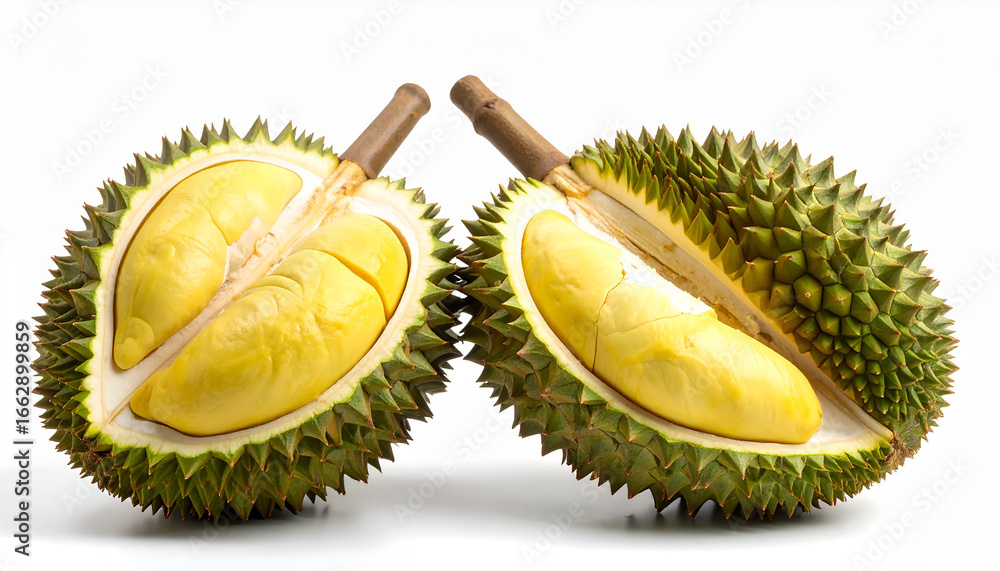 Fototapeta premium Fresh and juicy durians isolated on white background. Organic exotic fruit. Tasty and natural.