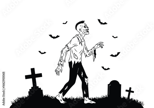 Spooky halloween zombie walking through graveyard with bats flying around