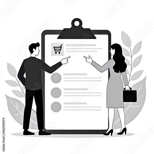 Decision Making: Two figures, one male and one female, are closely examining a shopping cart icon on a large checklist, symbolizing strategic planning and thoughtful consumerism.