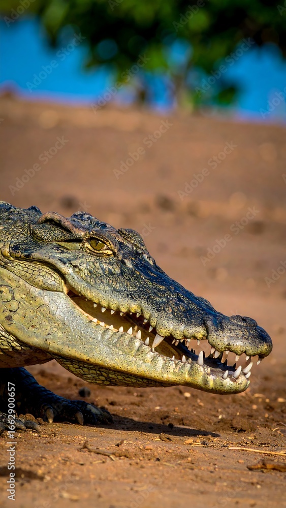 Fototapeta premium Croc head profile in sunlit sand