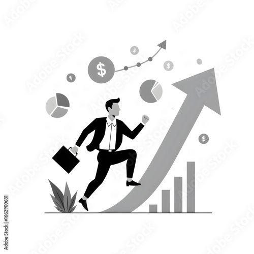 Businessman's Ascent: A determined businessman strides confidently towards financial growth, symbolizing ambition, strategy, and upward trajectory in a professional journey.