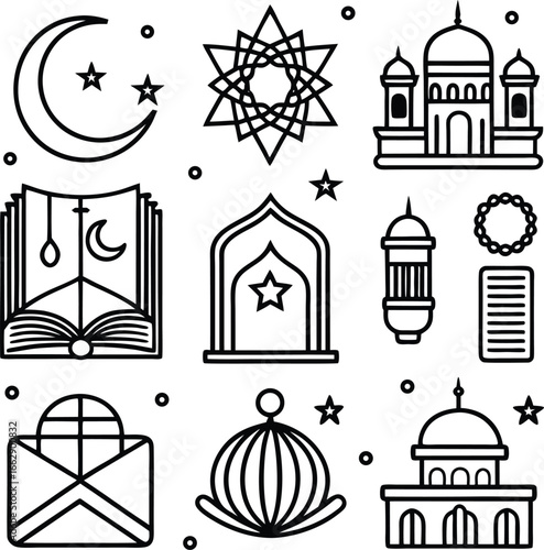 Islamic icons collection featuring crescent moon stars mosque quran lantern geometric patterns and religious symbols for ramadan eid celebrations