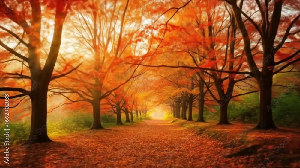 Beautiful autumn forest pathway covered with fallen orange leaves surrounded by colorful trees illuminated by warm golden sunlight. Nature concept Beautiful autumn forest pathway covered with fallen orange leaves surrounded by colorful trees illuminated by warm golden sunlight. Nature concept
