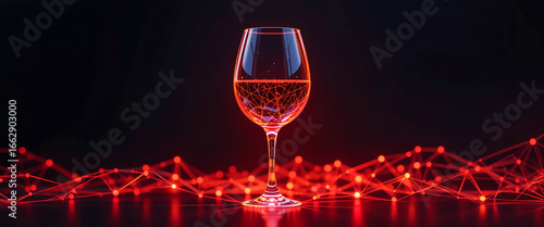 Low Poly Wireframe Red Wine Glass on Dark Background – 3D Geometric Design