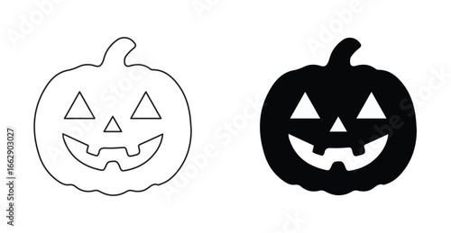 Halloween Pumpkin Icon Set Outline and Solid Style, Halloween Jack-o’-Lantern Pumpkin