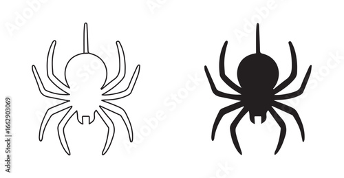 Halloween Spider Icon Silhouette and Outline Style, Creepy Spider Silhouette for Halloween Decorations