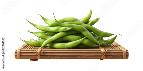 Fresh and vibrant edamame pods arranged on a natural bamboo surface