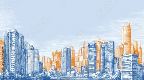 Hand-drawn skyline in blue ink with orange background 