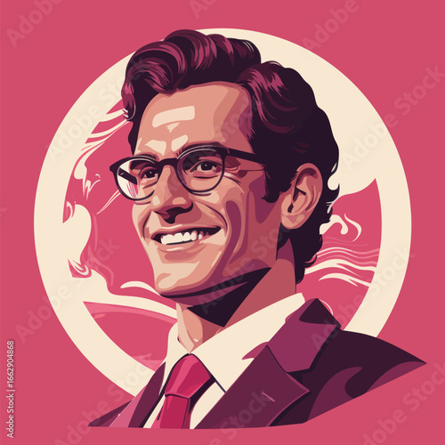 A confident man wearing glasses and a suit smiles warmly, set against a vibrant pink background with abstract patterns. The cheerful expression adds to the energetic atmosphere.