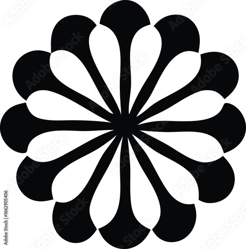 Intricate black and white floral pattern with radial symmetry and repeating petals design for decorative use