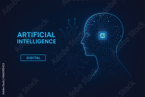 Abstract human body. AI man silhouette on technology blue background. 3D human figure made of thin lines and connected dots. Digital vector illustration