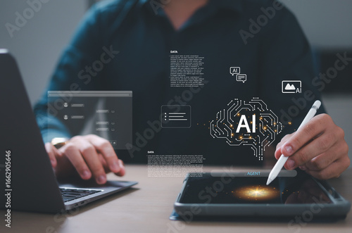 Businessmen who touch the screen and network icon General artificial intelligence and artificial intelligence Automatic processing robots and data analysis