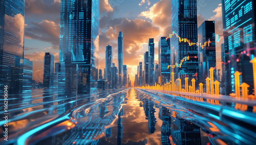 Futuristic skyline of glowing bar-chart towers—holographic finance meets digital cityscape.