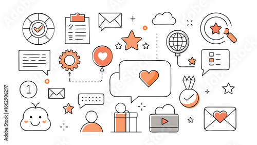 Vector art of social media and communication icons with hearts, stars, and messages