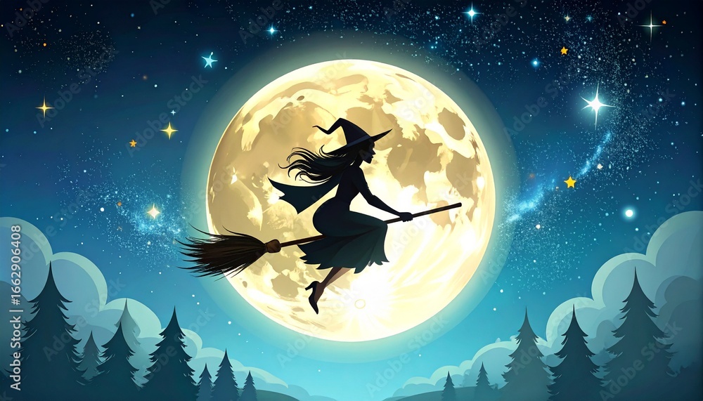 custom made wallpaper toronto digitalMystical silhouette of a witch flying on her broomstick in front of a large, luminous full moon on a starry Halloween night over a dark forest