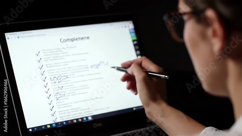 Digital Checklist Task Completion on Laptop with Stylus