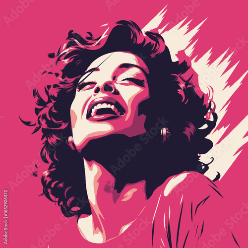 A joyful woman with curly hair is laughing against a vibrant pink background. Her expression radiates happiness and confidence, showcasing a carefree moment filled with energy.