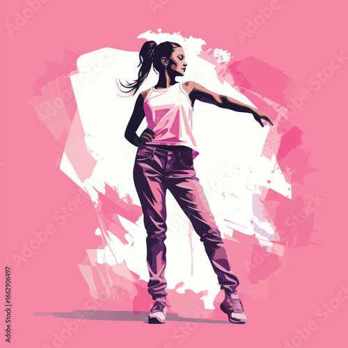 A young woman strikes a confident dance pose, wearing casual athletic clothing. The vibrant pink background adds energy to her expression, showcasing her movement and style in a creative way.