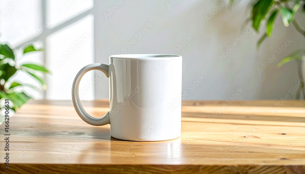 Fototapeta premium Clean white mug mockup on a wooden table, perfect for showcasing custom designs and branding in a bright, natural light setting with subtle plant elements