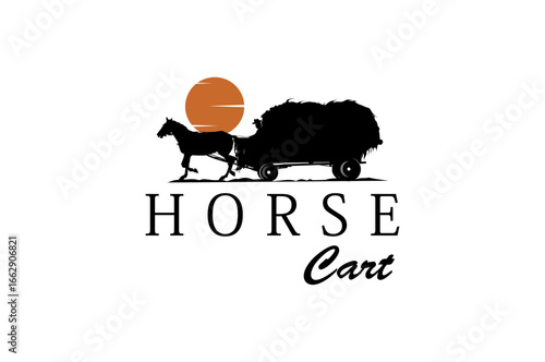 Ancient horse carriage, mountain background, logo design illustration