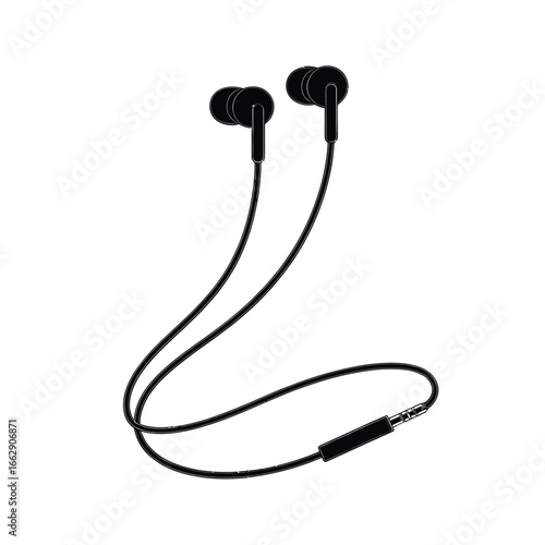 Black wired earbuds with a 3 5mm audio jack on a white background