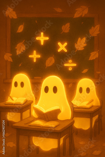 Three glowing ghosts study in warm lit classroom—magical, cozy, and perfect for fall. 