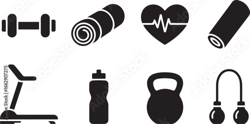 Dumbbell Mat Heartbeat Bottle Kettlebell Jump Rope Icon Set Black