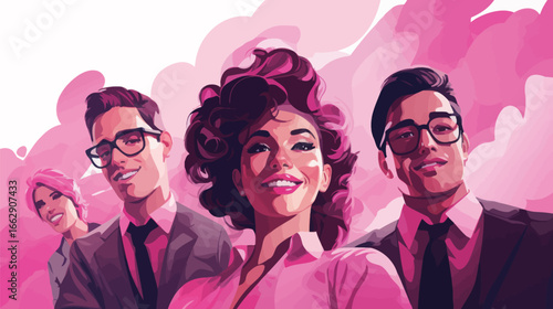 Four stylish individuals stand together in matching pink outfits, exuding confidence and charm. Their smiles reflect a lively atmosphere, perfect for a fashion-forward gathering.