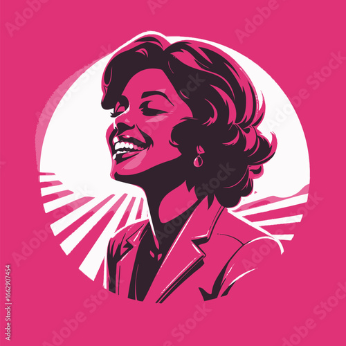 A woman smiles widely against a striking pink backdrop, radiating joy and positivity. The illustration captures her lively expression with stylized rays enhancing the uplifting atmosphere.