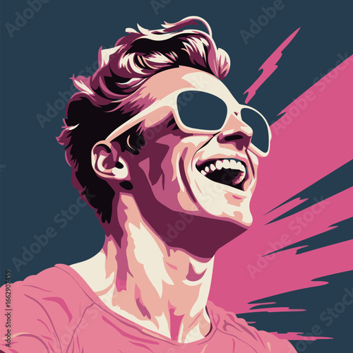 A cheerful young man with stylish sunglasses laughs joyfully against a contrasting dark background. The colorful artwork captures his youthful spirit and positive energy.