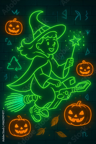 Neon witch flies on recycled broom—green sparkles, glowing glyphs, and playful pumpkin magic.