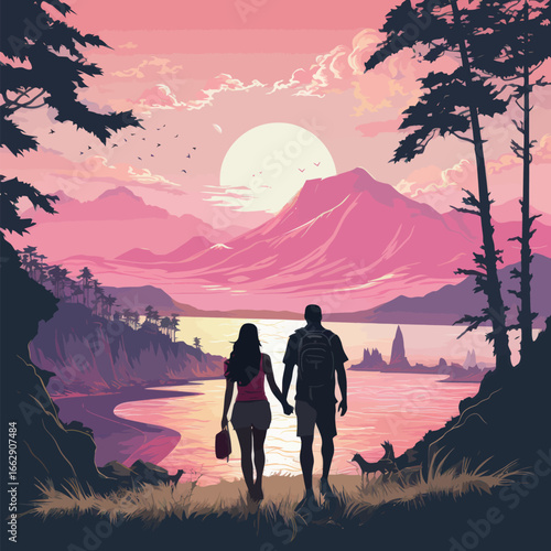 A couple stands hand in hand near a tranquil lake, gazing at a vibrant sunset. The sky is filled with hues of pink and orange, reflecting on the water.