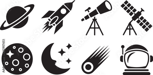 Space Exploration Astronomy Icons Set. Planet, Rocket, Telescope, Astronaut