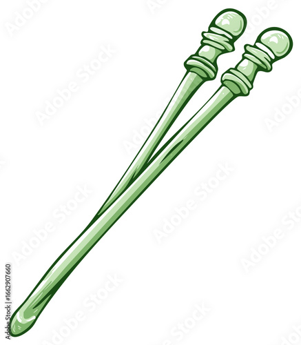 Cute green ornate chopsticks dining utensils Asian food culture vector illustration