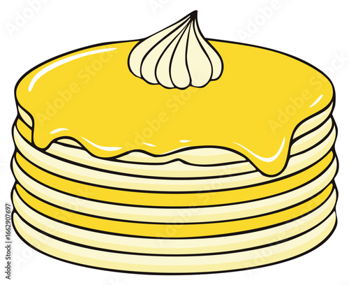 Stack of golden pancakes with sweet yellow syrup and creamy topping illustration
