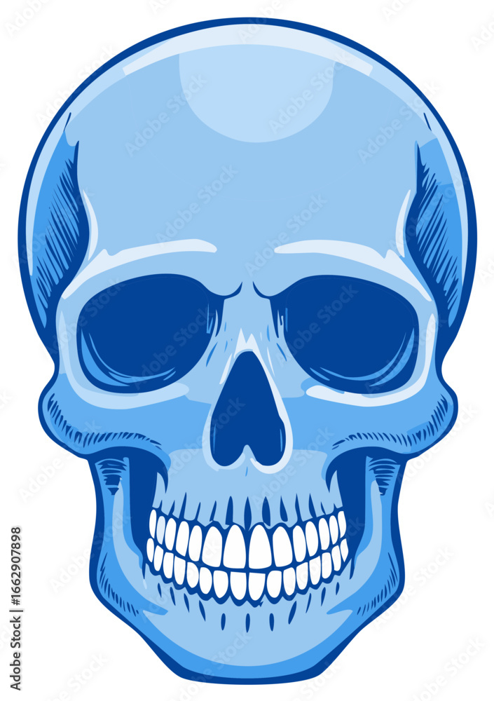 Fototapeta premium Stylized blue skull with white teeth and dark eye sockets
