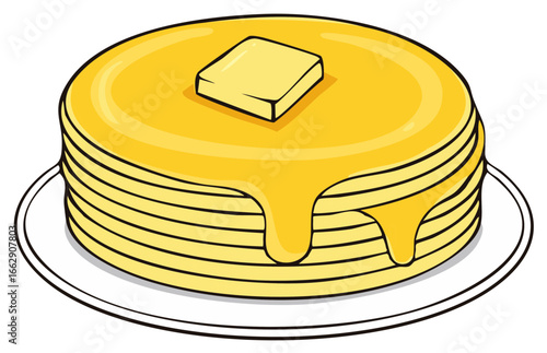 Delicious stack of golden pancakes with melting butter and sweet syrup on a plate breakfast food illustration